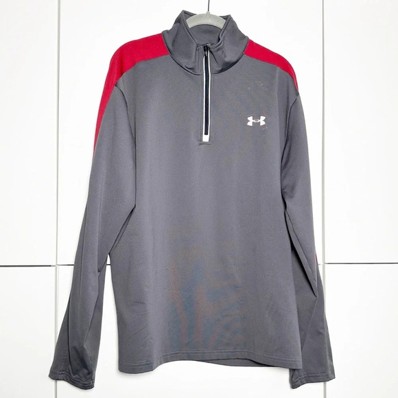 Under Armour Mens 1/4 Zip Pullover Size Large Gray Red Reflective Trim - Picture 1 of 10